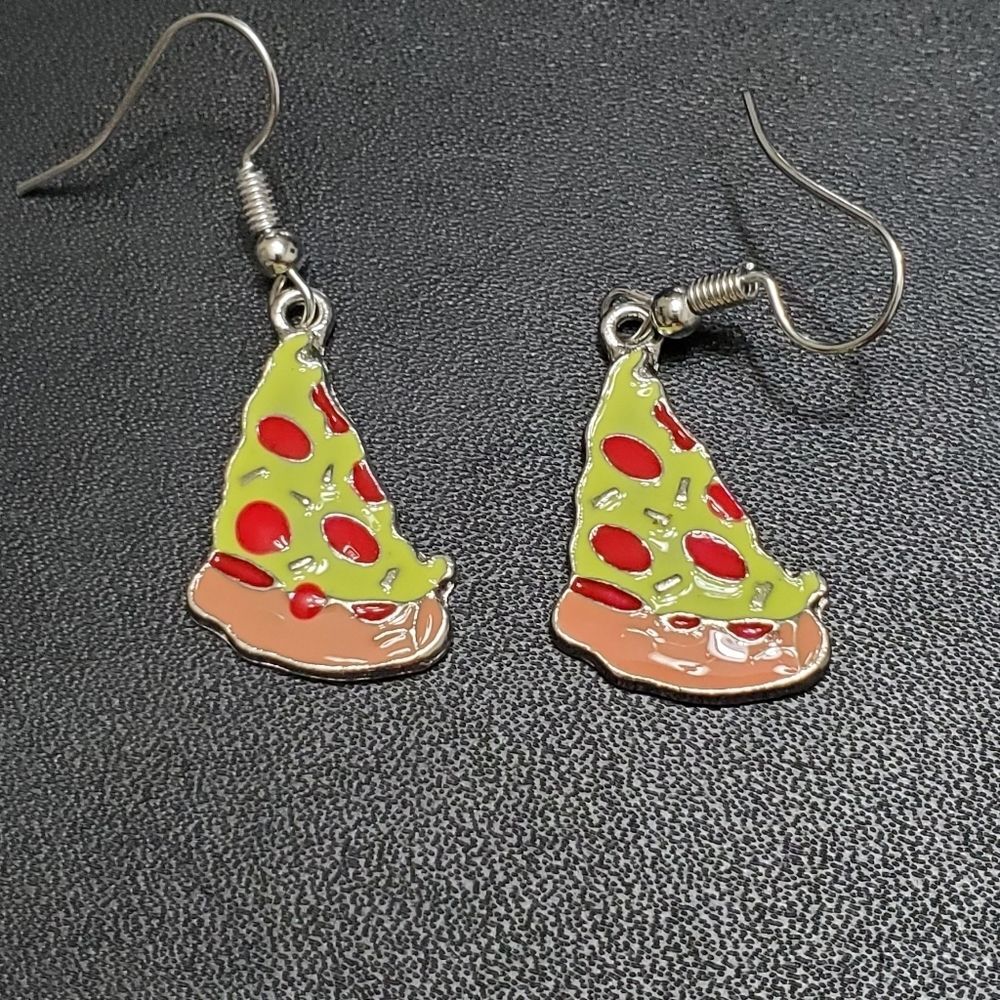 Silver tone enamel pizza earrings
